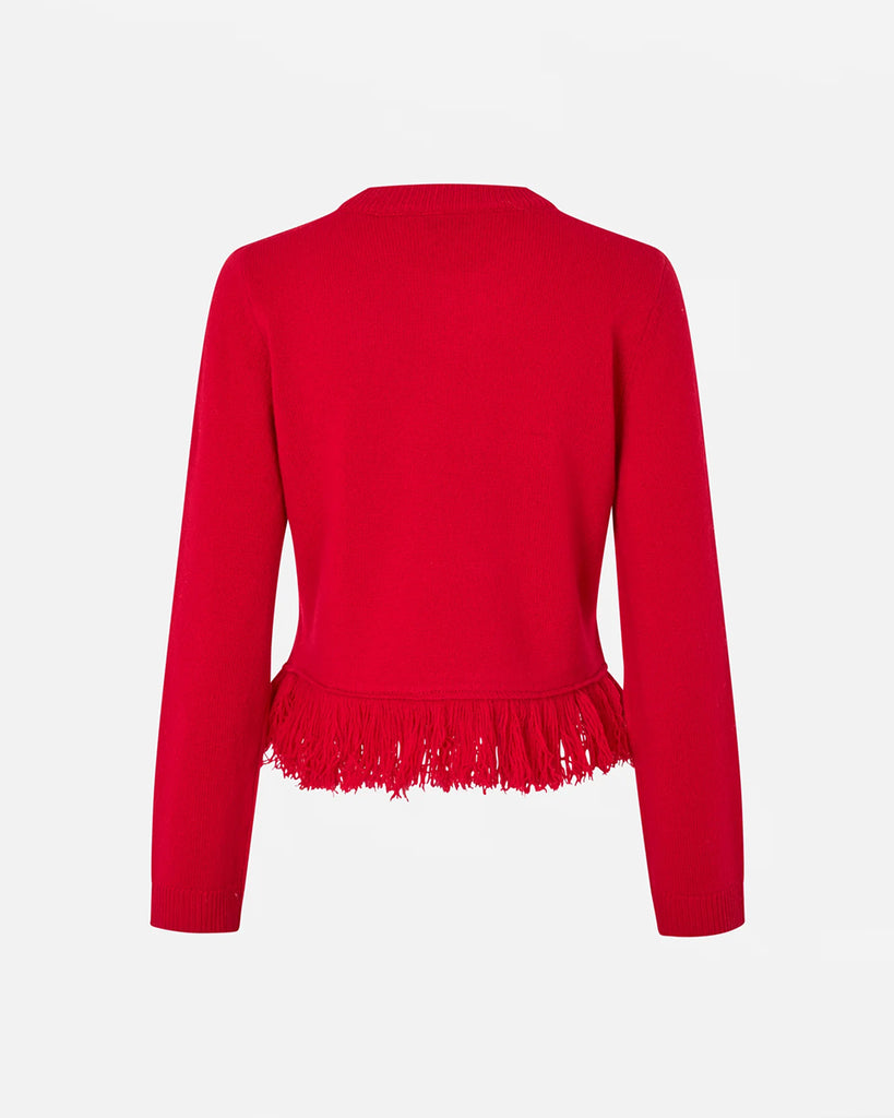 Efektowny sweter Chevy Crimson Red o luźnym kroju, z okrągłym dekoltem oraz ściągaczem przy kołnierzu i mankietach. U dołu zdobiony jest frędzlami. Wykonany z dzianiny z wełną merino.&nbsp;