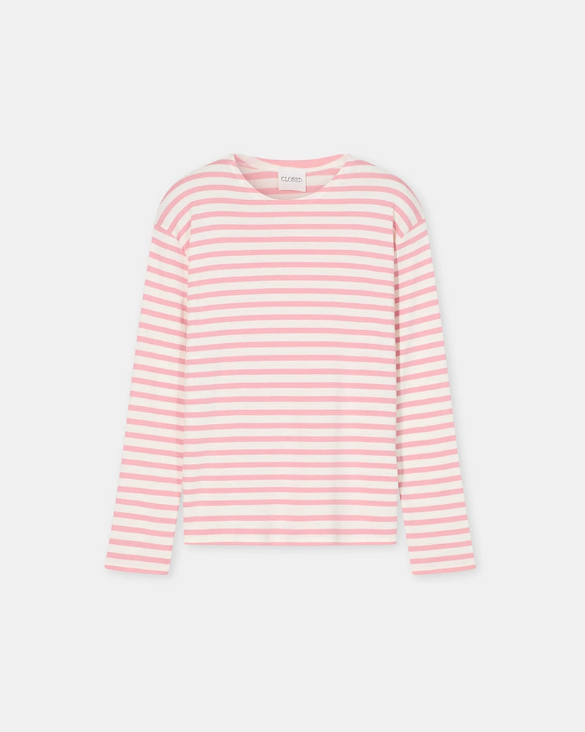 Luźny longsleeve Basic marki CLOSED w różowo-białe paski. Bluzka ma okrągły dekolt, długie rękawy i opadające ramiona