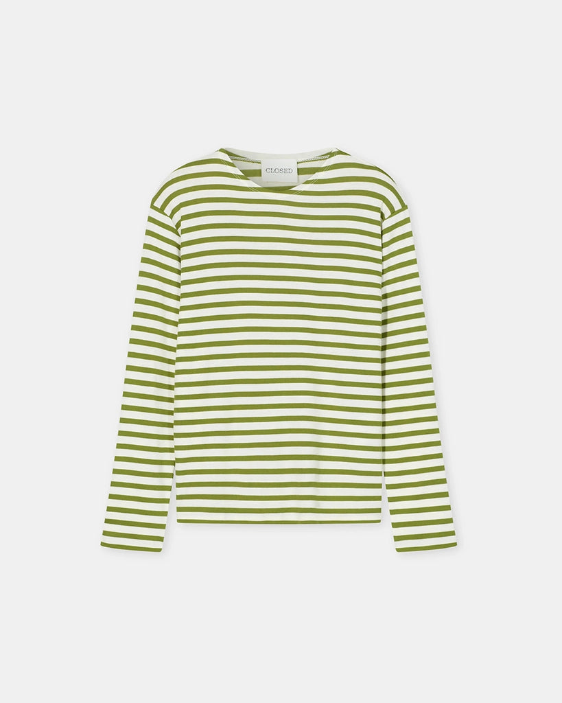 Luźny longsleeve Basic marki CLOSED w zielono-białe paski. Bluzka ma okrągły dekolt, długie rękawy i opadające ramiona.