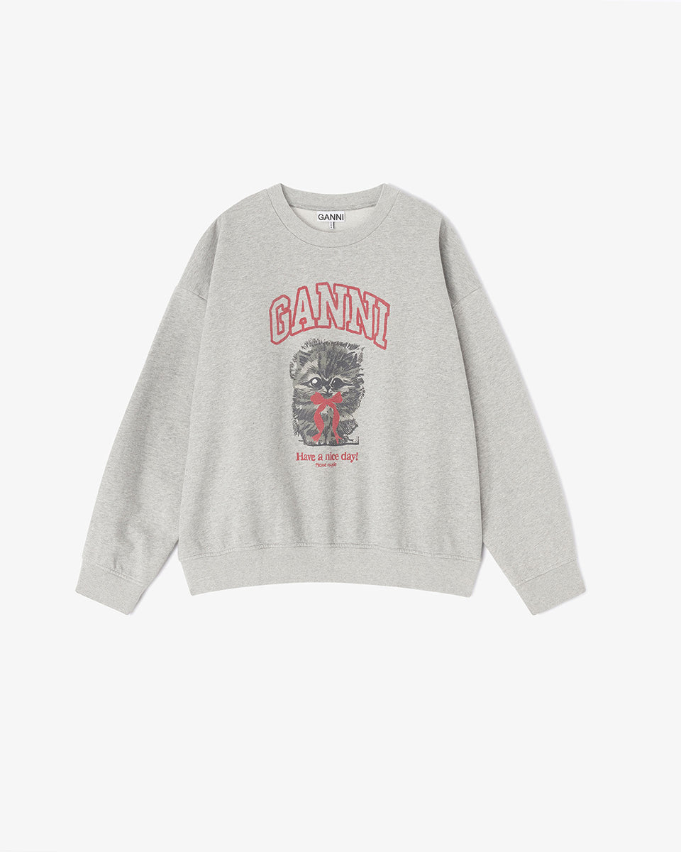 Luźna, szara bluza Isoli Kitty Print GANNI Paloma z okrągłym dekoltem i długimi rękawami. Zakończona ściągaczami. Z przodu posiada uroczą grafikę z kotem oraz logo marki. Wykonana z bawełny organicznej.&nbsp;

-Luźny fason&nbsp;

-Uroczy nadruk z kotkiem

-Zamów bluzę w swoim standardowym rozmiarze&nbsp;