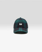 Klasyczna czapka bejsbolówka Delcro Plaid marki BELLEROSE w czarno-granatowo-zieloną kratę, z haftowanym logo marki i regulowanym paskiem na rzep.&nbsp;