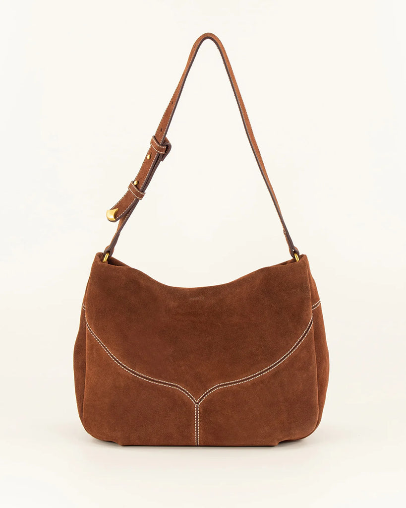 Miękka torba DIVILIO Mahogany marki Sessun typu hobo z zamszu bydlęcego z ozdobnymi przeszyciami. Posiada dużą kieszeń centralną z jedną kieszenią naszywaną. Torba zapinana jest na zamek błyskawiczny.&nbsp;