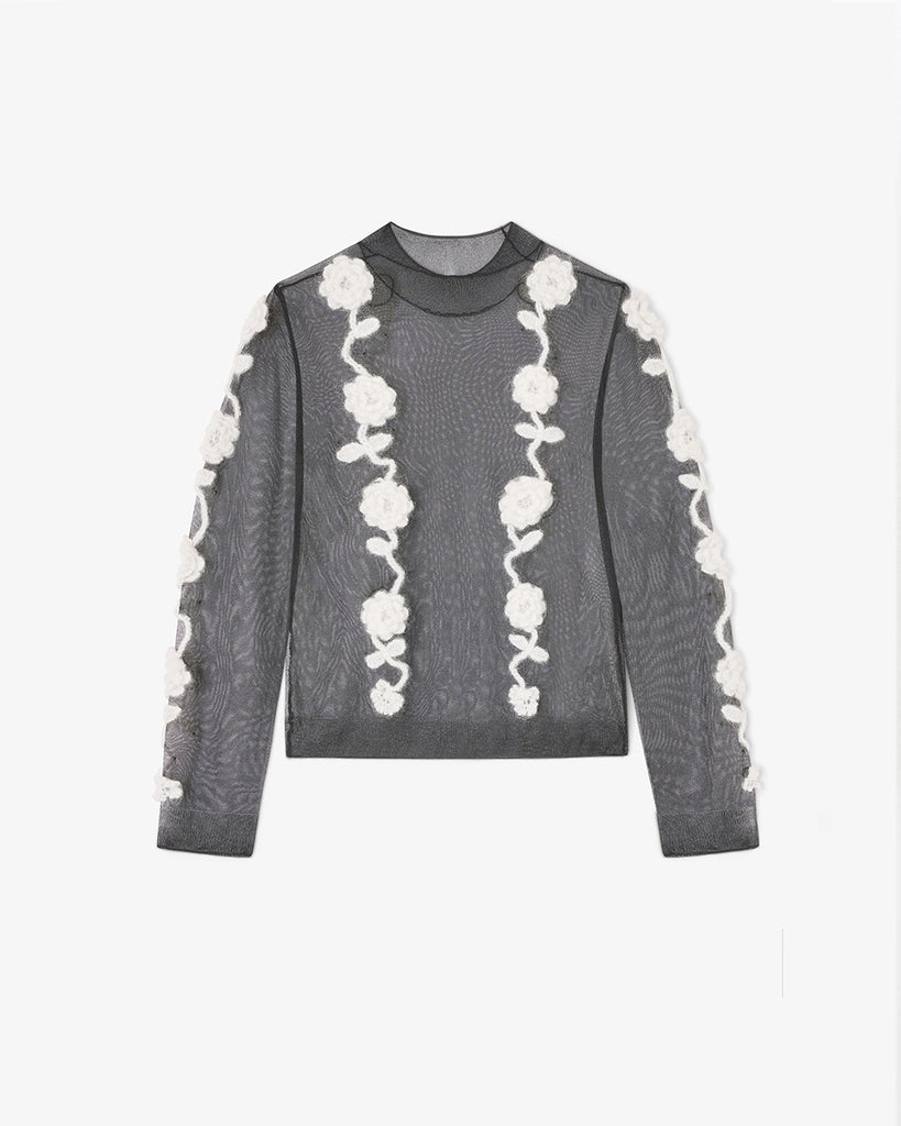 Transparentny, czarny top 2649 Ganni Black z długim rękawem i wysokim, okrągłym kołnierzykiem. Posiada zdobienia w postaci kwiatów wykonanych szydełkiem. Idealny do długiej spódnicy na eleganckie okazje.