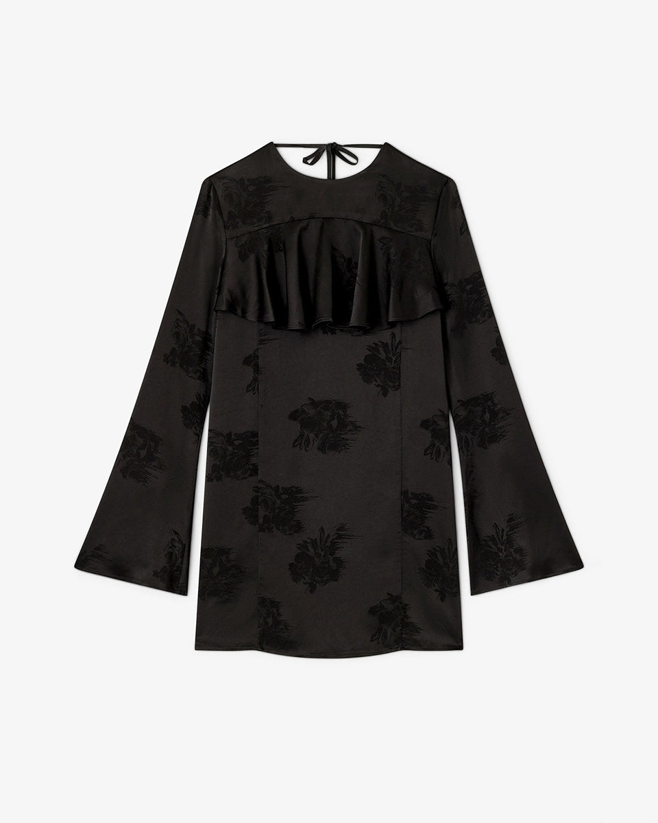 Prosta, mini sukienka 0792 GANNI Satin Black w kwiatowy print, z okrągłym dekoltem i szerokimi, długimi rękawami. Sukienka ma falbankę przy dekolcie i odkryte plecy z wiązaniem na sznurek. Wykonana z połyskliwej tkaniny.