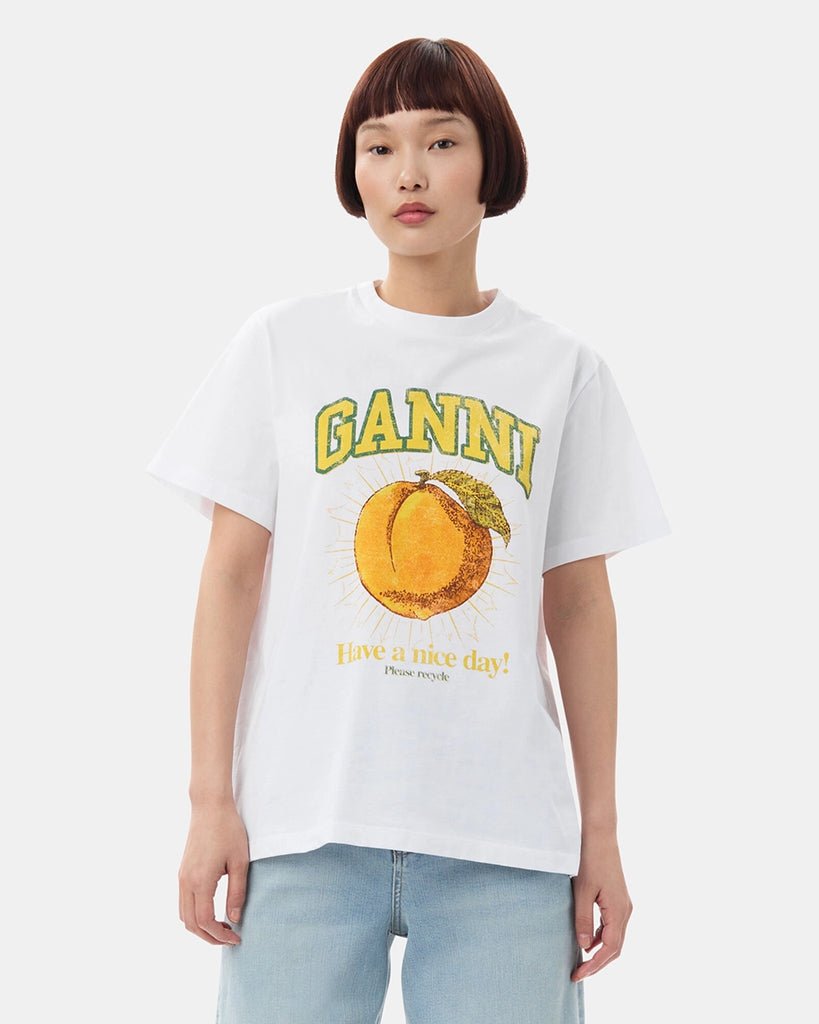 Biały, bawełniany t-shirt 43529 Jersey Peach GANNI z nadrukiem z motywem brzoskwini i logo marki.