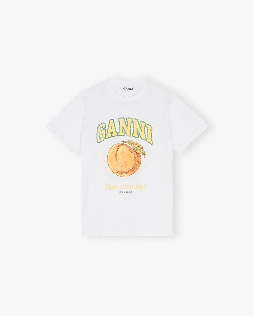 Biały, bawełniany t-shirt 43529 Jersey Peach GANNI z nadrukiem z motywem brzoskwini i logo marki.