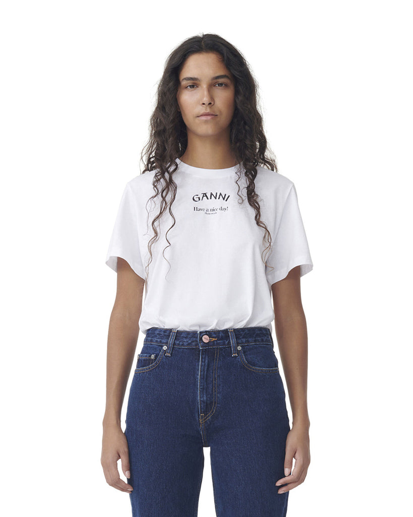 Luźny, bawełniany, biały t-shirt z niewielkim nadrukiem z logo marki GANNI 3561