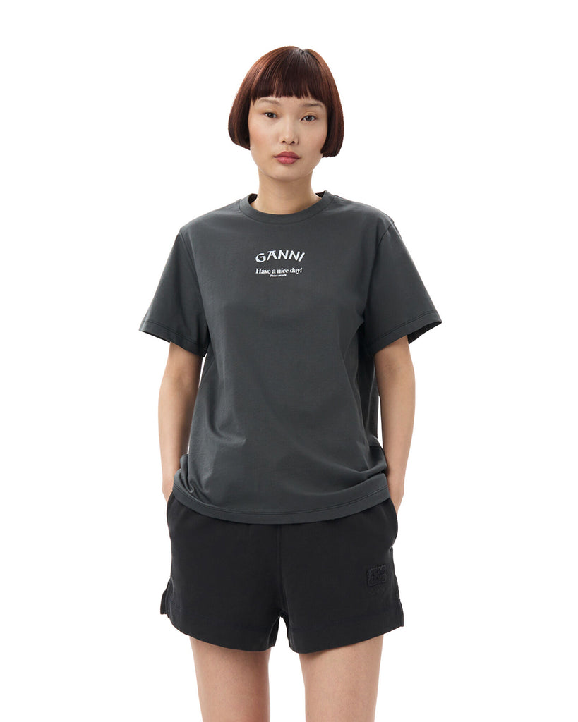 Ciemnoszary, luźny, bawełniany t-shirt o prostym kroju z niewielkim nadrukiem z logo marki z przodu 3590 GANNI