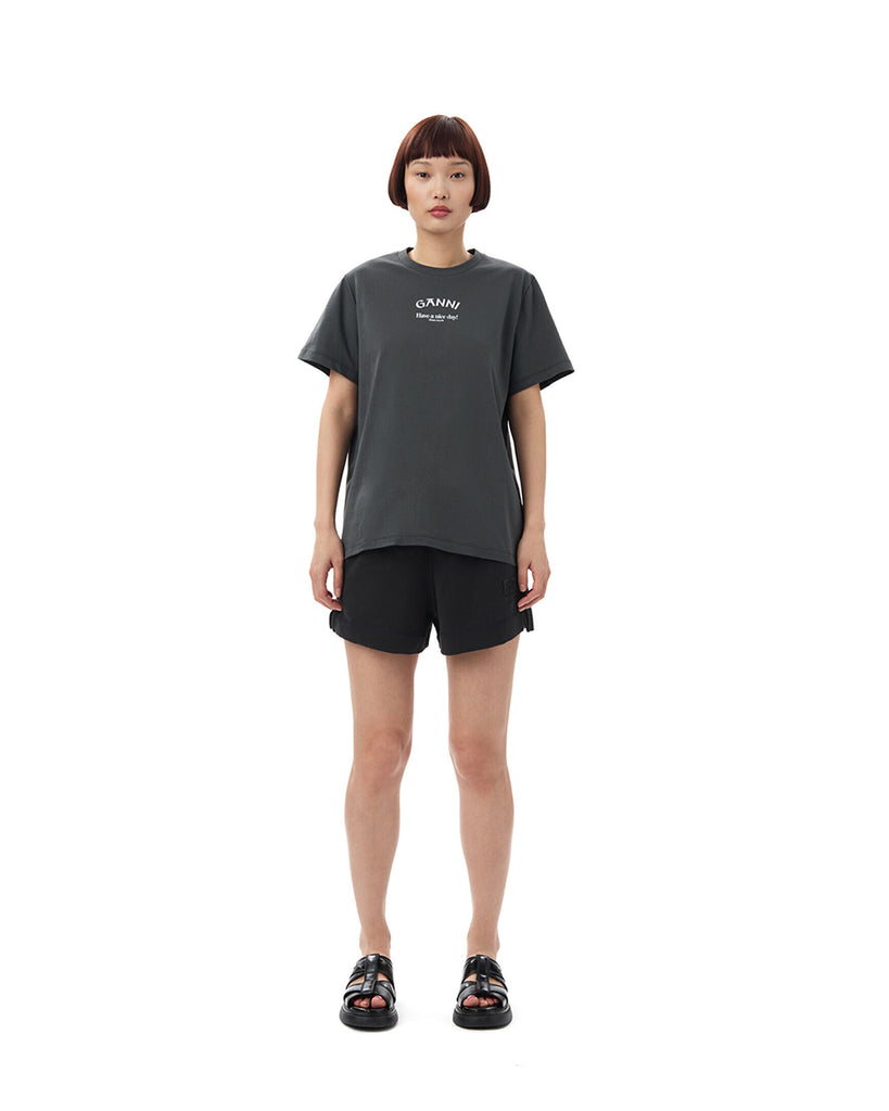 Ciemnoszary, luźny, bawełniany t-shirt o prostym kroju z niewielkim nadrukiem z logo marki z przodu 3590 GANNI