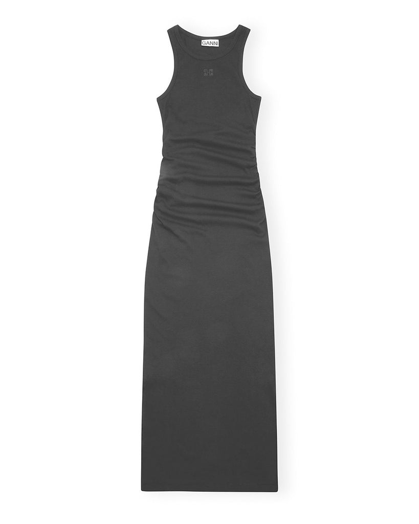 Czarna, długa, przylegająca sukienka na ramiączkach z prążkowaną fakturą 3935 GANNI