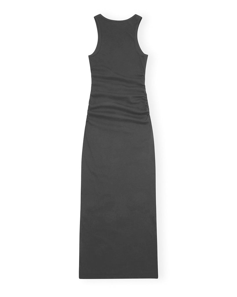 Czarna, długa, przylegająca sukienka na ramiączkach z prążkowaną fakturą 3935 GANNI