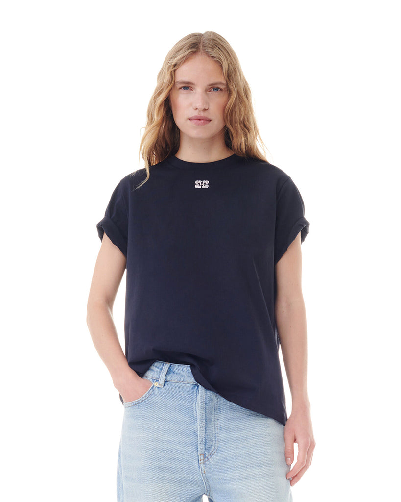 Luźny, bawełniany, ciemnoszary t-shirt 3946 BASIC JERSEY RHINESTONE GANNI z okrągłym dekoltem i krótkim, szerokim rękawem