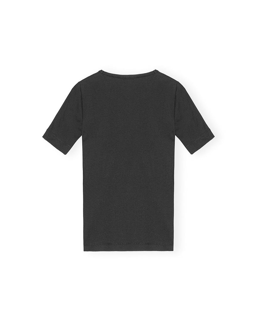 Czarny, przylegający, krótki t-shirt z prążkowaną fakturą i haftem z logo marki GANNI 4012