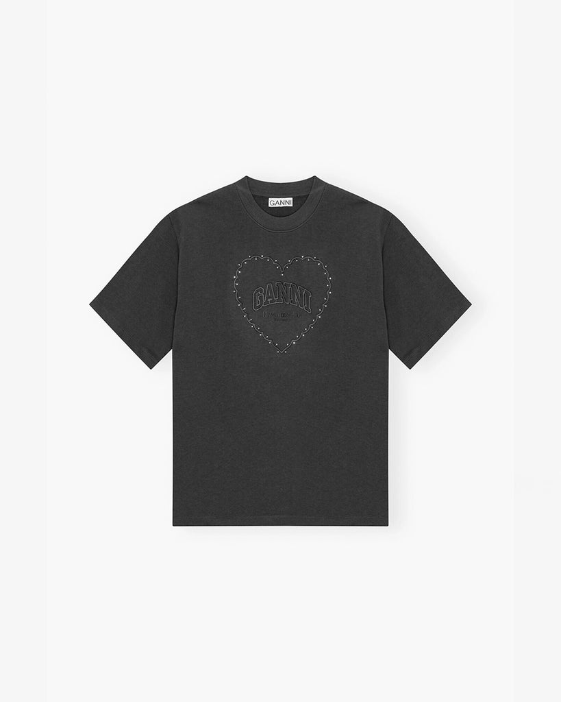 Czarny, bawełniany t-shirt 4057 Heart GANNI z haftem z logo marki wpisanym w kształt serca i z połyskującymi kryształkami. T-shirt posiada okrągły dekolt, luźne, krótkie rękawy i prosty krój