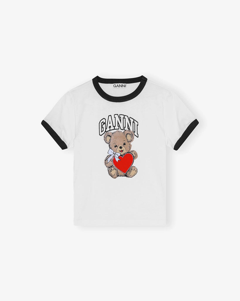 Biały, bawełniany t-shirt 4061 Jersey Bear GANNI z uroczym printem z misiem i logo marki. Przy dekolcie i rękawach obszyty czarną lamówką.