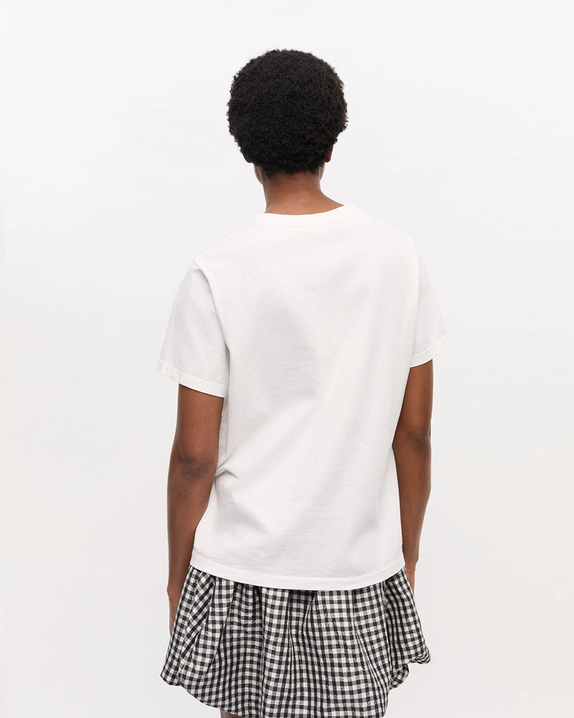 Luźny, bawełniany, biały t-shirt 4238 BASIC COTTON JERSEY ANIMAL GANNI z okrągłym dekoltem i krótkim, szerokim rękawem. Z przodu posiada grafikę uroczych zwierzątek, napis 'Have a nice day' oraz logo GANNI.