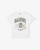 Luźny, bawełniany, biały t-shirt 4238 BASIC COTTON JERSEY ANIMAL GANNI z okrągłym dekoltem i krótkim, szerokim rękawem. Z przodu posiada grafikę uroczych zwierzątek, napis 'Have a nice day' oraz logo GANNI.