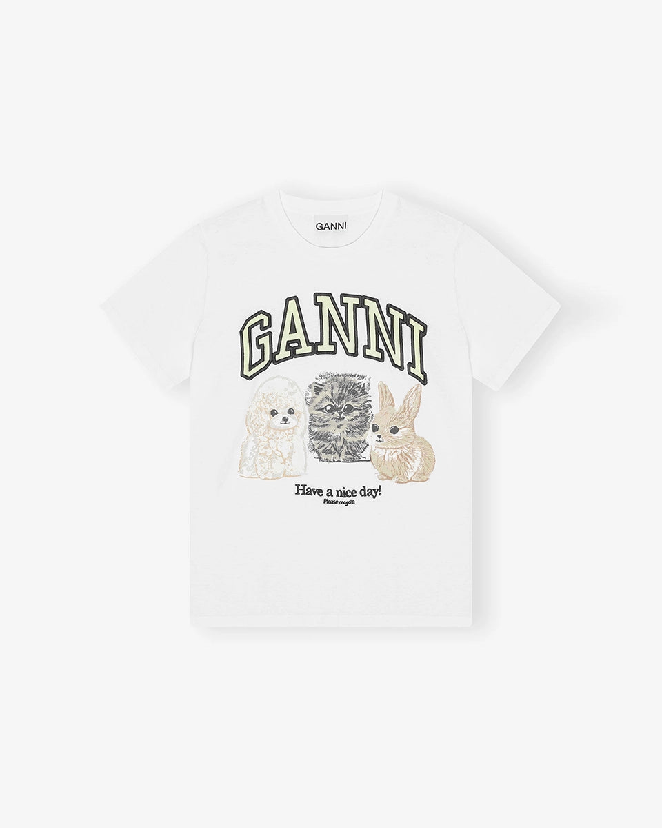 Luźny, bawełniany, biały t-shirt 4238 BASIC COTTON JERSEY ANIMAL GANNI z okrągłym dekoltem i krótkim, szerokim rękawem. Z przodu posiada grafikę uroczych zwierzątek, napis 'Have a nice day' oraz logo GANNI.