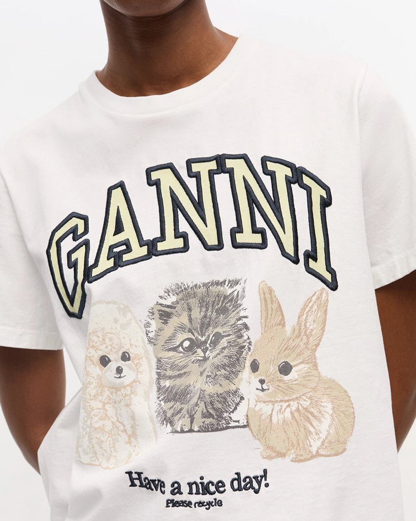White Loose T-shirt with print and logo 4237 GANNI Animals