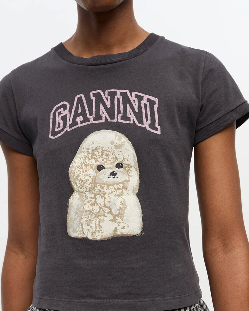 Ciemnoszary, bawełniany t-shirt&nbsp;4239 Jersey Poodle Baby GANNI z uroczym&nbsp;printem z psem i logo marki. 