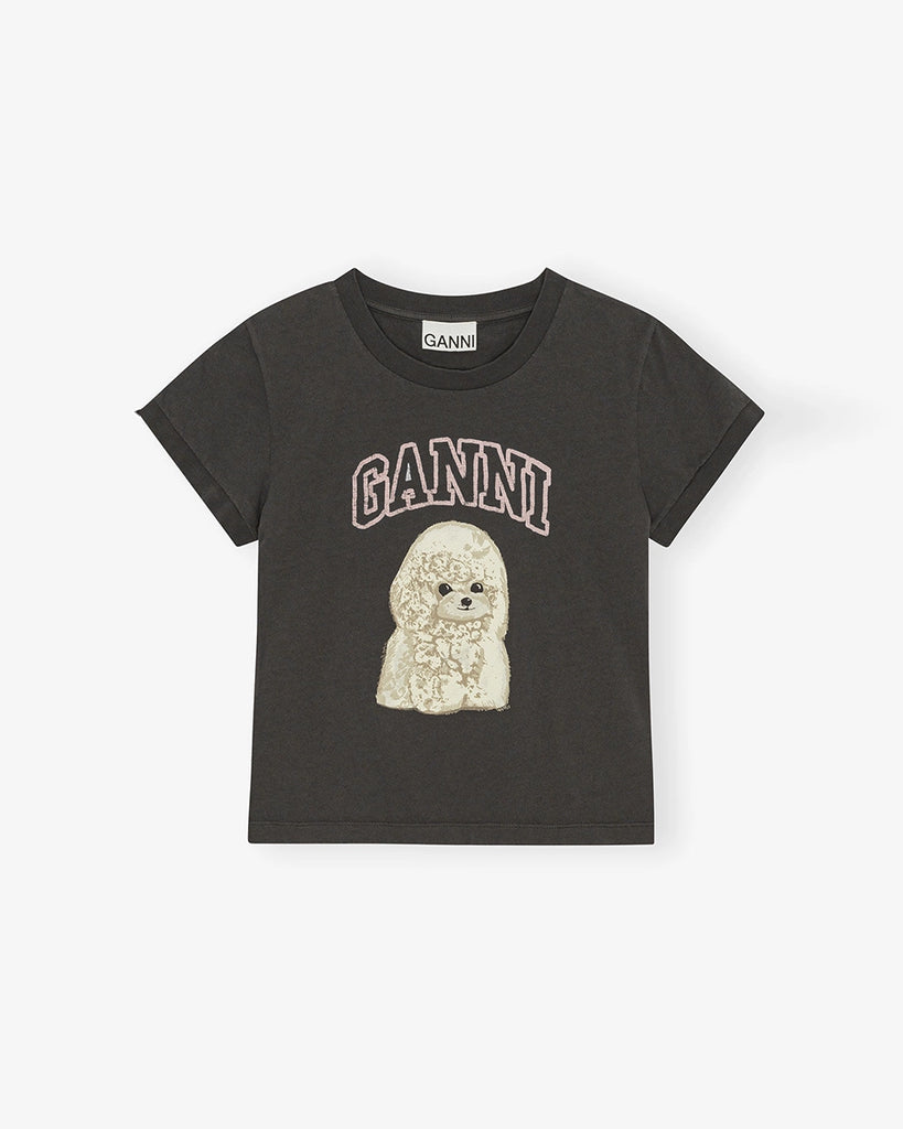 Ciemnoszary, bawełniany t-shirt&nbsp;4239 Jersey Poodle Baby GANNI z uroczym&nbsp;printem z psem i logo marki. 