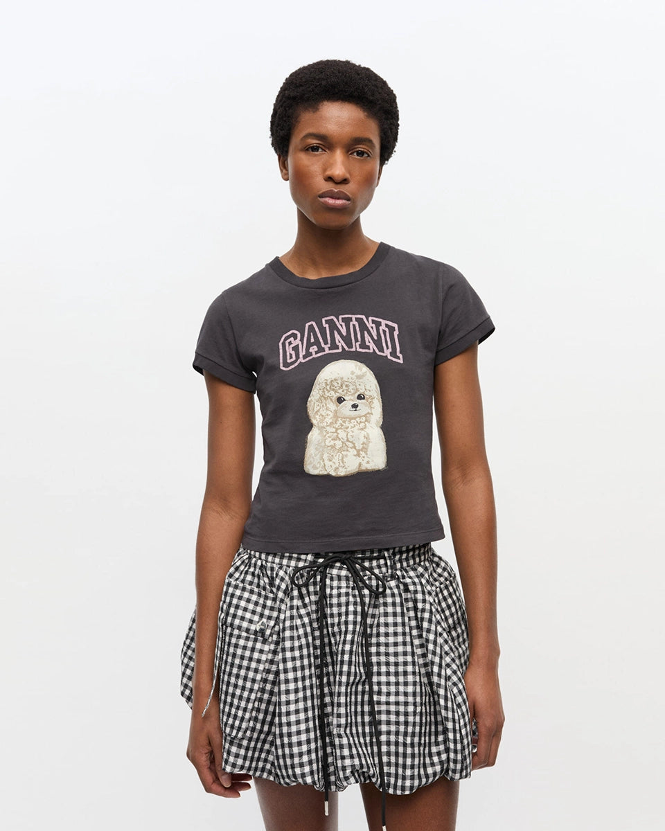 Ciemnoszary, bawełniany t-shirt&nbsp;4239 Jersey Poodle Baby GANNI z uroczym&nbsp;printem z psem i logo marki. 