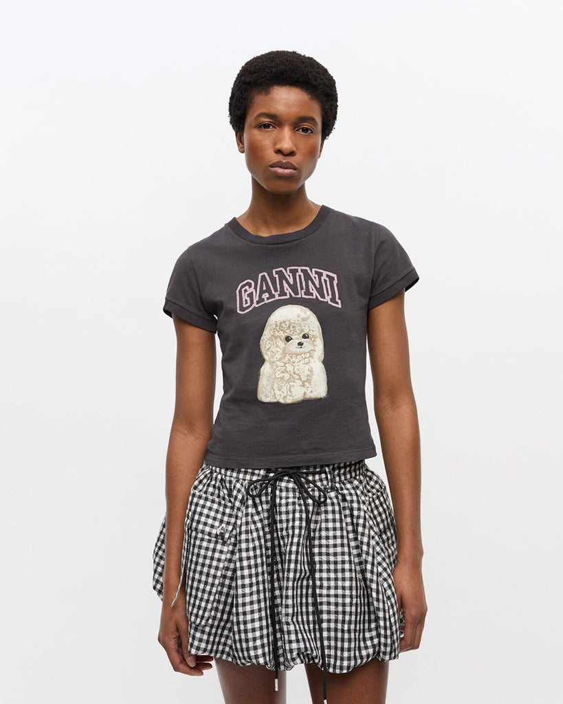 Ciemnoszary, bawełniany t-shirt&nbsp;4239 Jersey Poodle Baby GANNI z uroczym&nbsp;printem z psem i logo marki. 
