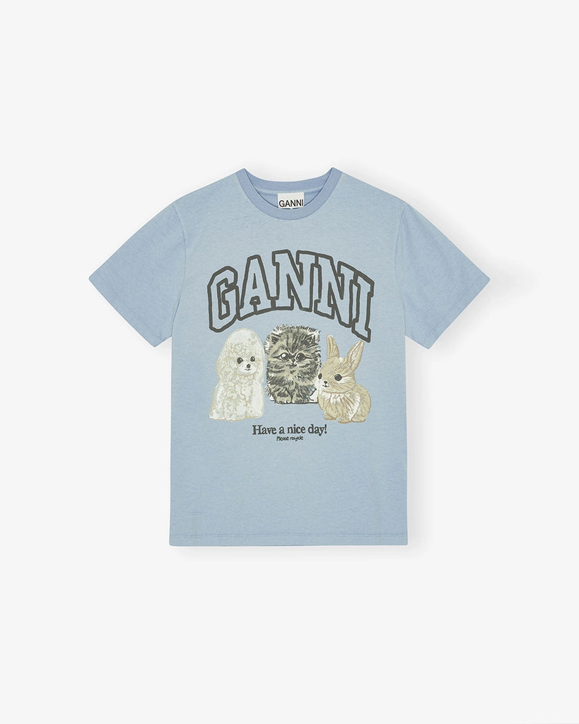 Luźny, bawełniany, niebieski t-shirt 4278 BASIC COTTON JERSEY ANIMAL GANNI z okrągłym dekoltem i krótkim, szerokim rękawem. Z przodu posiada grafikę z uroczymi zwierzątkami, napis 'Have a nice day' oraz logo GANNI. 
