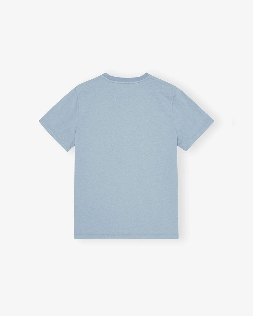 Luźny, bawełniany, niebieski t-shirt 4278 BASIC COTTON JERSEY ANIMAL GANNI z okrągłym dekoltem i krótkim, szerokim rękawem. Z przodu posiada grafikę z uroczymi zwierzątkami, napis 'Have a nice day' oraz logo GANNI. 