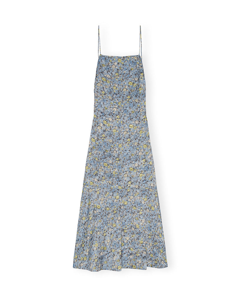 Błękitna, satynowa sukienka maxi 9464 Blue Floral GANNI w kwiatowy print. 