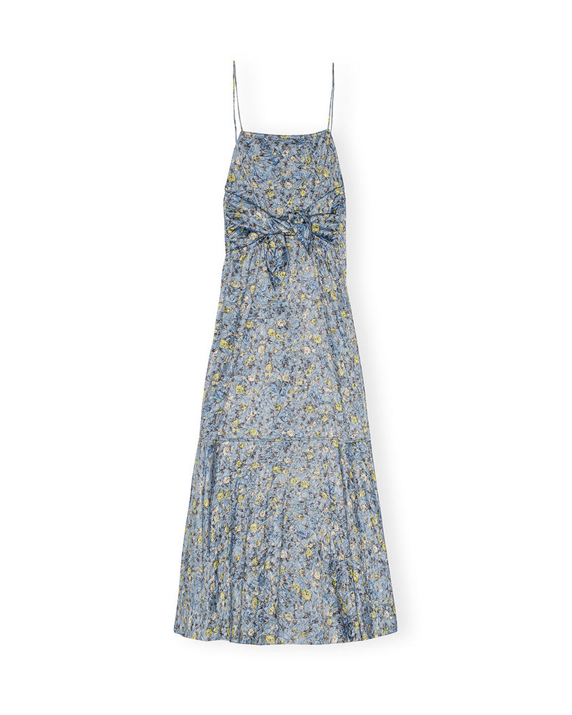 Błękitna, satynowa sukienka maxi 9464 Blue Floral GANNI w kwiatowy print. 