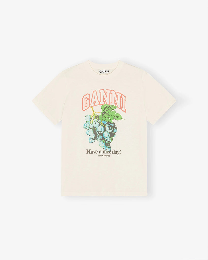 Luźny, bawełniany t-shirt 4278 BASIC COTTON JERSEY GRAPES GANNI z okrągłym dekoltem i krótkim, szerokim rękawem. Z przodu posiada grafikę z winogronami, napis 'Have a nice day' oraz logo GANNI. 