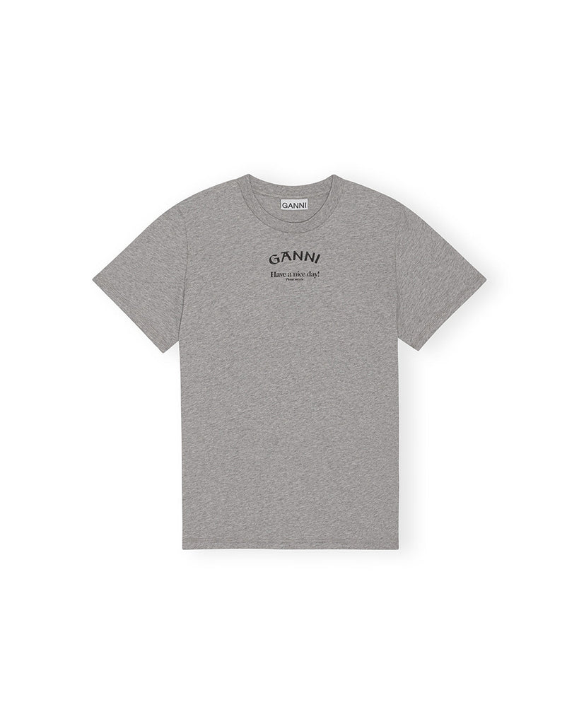 Luźny, szary, bawełniany t-shirt z niewielkim nadrukiem z logo marki GANNI 3677