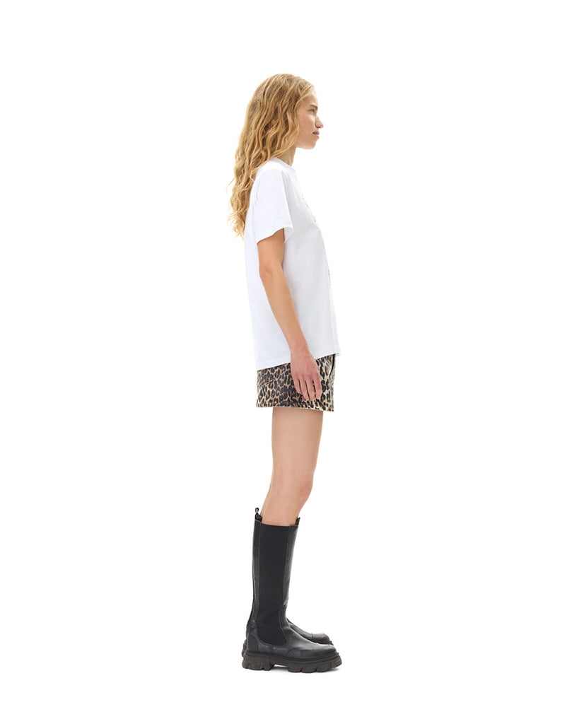 Luźny, biały t-shirt 4124 BASIC JERSEY LEOPARD RELAXED GANNI z krótkim rękawem i okrągłym dekoltem