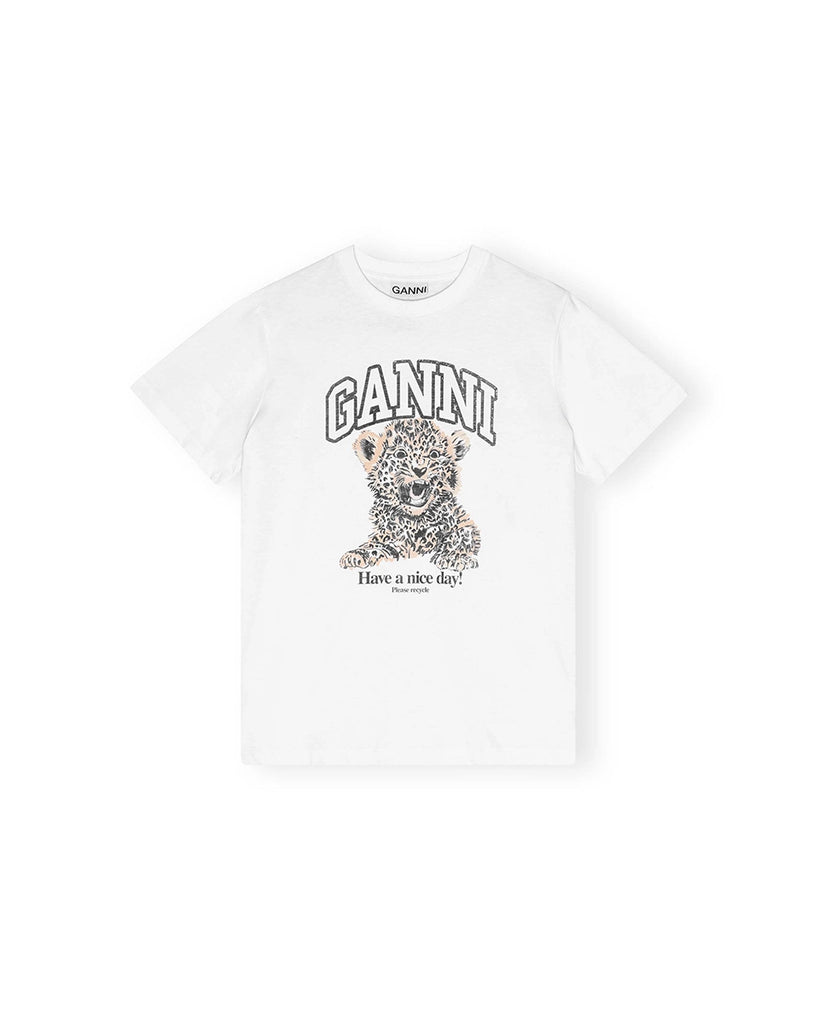 Luźny, biały t-shirt 4124 BASIC JERSEY LEOPARD RELAXED GANNI z krótkim rękawem i okrągłym dekoltem
