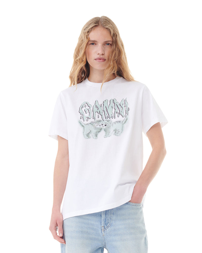 Luźny, bawełniany, biały t-shirt 3917 LOVE CATS GANNI z dużym nadrukiem z logo marki i motywem kotów