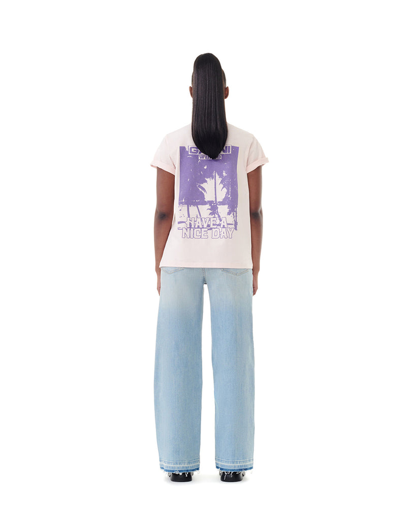 Luźny, bawełniany, różowy t-shirt 3919 PALM TREES GANNI z dużym nadrukiem na plecach z motywem drzew palmowych
