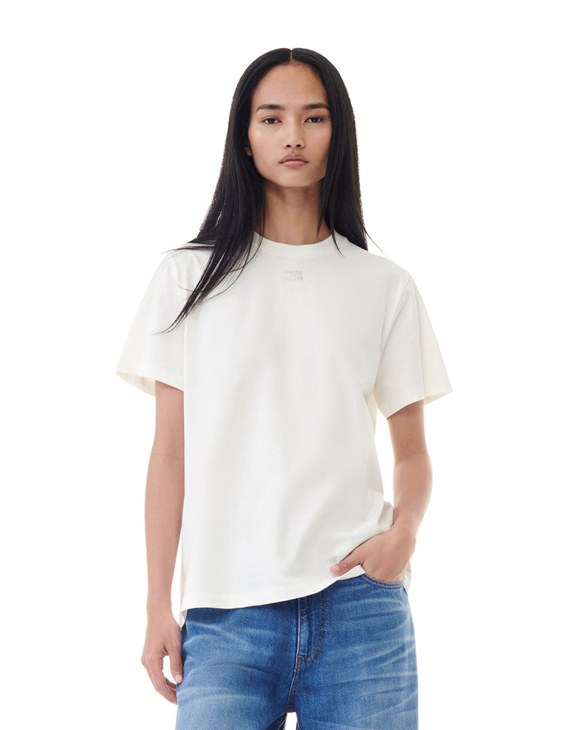 Luźny, biały, bawełniany t-shirt 3946 GANNI z błyszczącymi, kryształowymi aplikacjami
