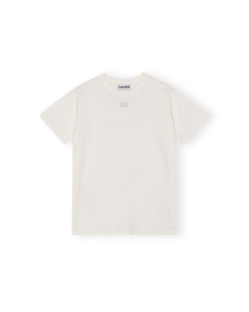 Luźny, biały, bawełniany t-shirt 3946 GANNI z błyszczącymi, kryształowymi aplikacjami