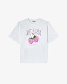 Luźny, biały, bawełniany T-shirt Raspberry Print GANNI Bright White z okrągłym dekoltem i krótkim, szerokim rękawem. Z przodu posiada grafikę z malinami oraz logo GANNI. Wykonany z grubej bawełny organicznej. Idealny z jeansami lub spódnicą.

-Luźny krój

-100% bawełna organiczna

-Zamów w swoim standardowym rozmiarze