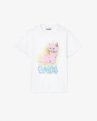 Luźny, bawełniany, biały t-shirt 4339 BASIC COTTON JERSEY NEON KITTY GANNI z okrągłym dekoltem i krótkim, szerokim rękawem. Z przodu posiada grafikę z uroczym kotem oraz logo GANNI. Wykonany z miękkiej bawełny organicznej. Idealny z jeansami lub spódnicą.