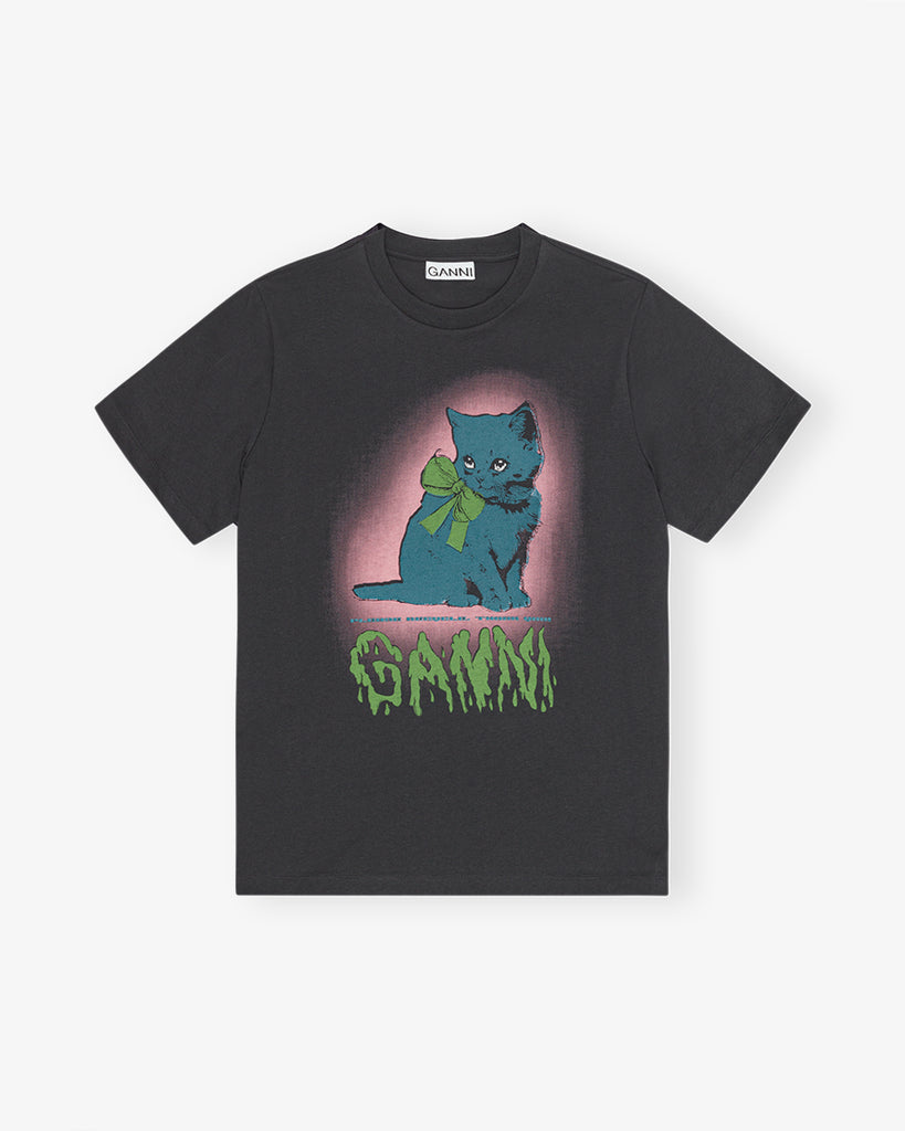 Luźny, bawełniany, ciemnoszary t-shirt 4340 BASIC COTTON JERSEY NEON KITTY GANNI z okrągłym dekoltem i krótkim, szerokim rękawem. Z przodu posiada grafikę z uroczym kotem oraz logo GANNI. Wykonany z miękkiej bawełny organicznej. Idealny z jeansami lub spódnicą.

