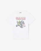 Luźny, bawełniany, biały t-shirt 4334 BASIC COTTON JERSEY NEON PUPPY GANNI z okrągłym dekoltem i krótkim, szerokim rękawem. Z przodu posiada grafikę z uroczym pieskiem oraz logo GANNI. Wykonany z miękkiej bawełny organicznej. Idealny z jeansami lub spódnicą.
