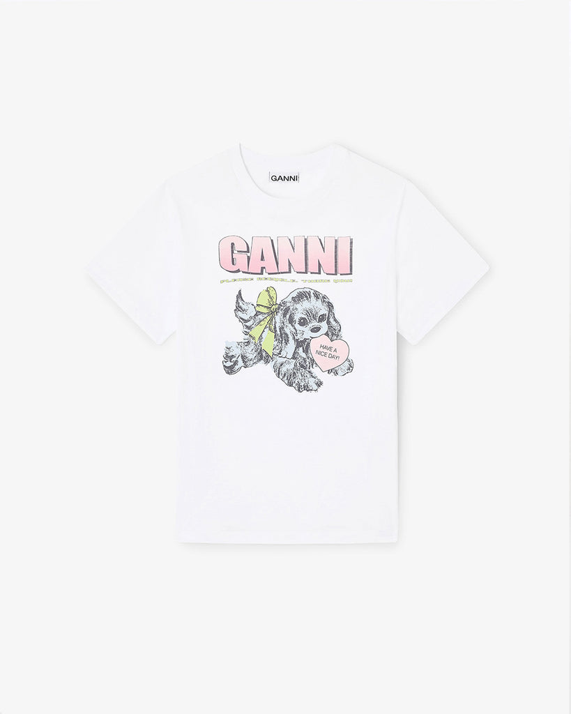 Luźny, bawełniany, biały t-shirt 4334 BASIC COTTON JERSEY NEON PUPPY GANNI z okrągłym dekoltem i krótkim, szerokim rękawem. Z przodu posiada grafikę z uroczym pieskiem oraz logo GANNI. Wykonany z miękkiej bawełny organicznej. Idealny z jeansami lub spódnicą.
