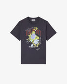 Luźny, bawełniany, ciemnoszary t-shirt 4342 BASIC COTTON JERSEY ROSE GANNI z okrągłym dekoltem i krótkim, szerokim rękawem. Z przodu posiada grafikę z różami, napis 'Have a nice day' oraz logo GANNI. Wykonany z miękkiej bawełny organicznej. Idealny z jeansami lub spódnicą.