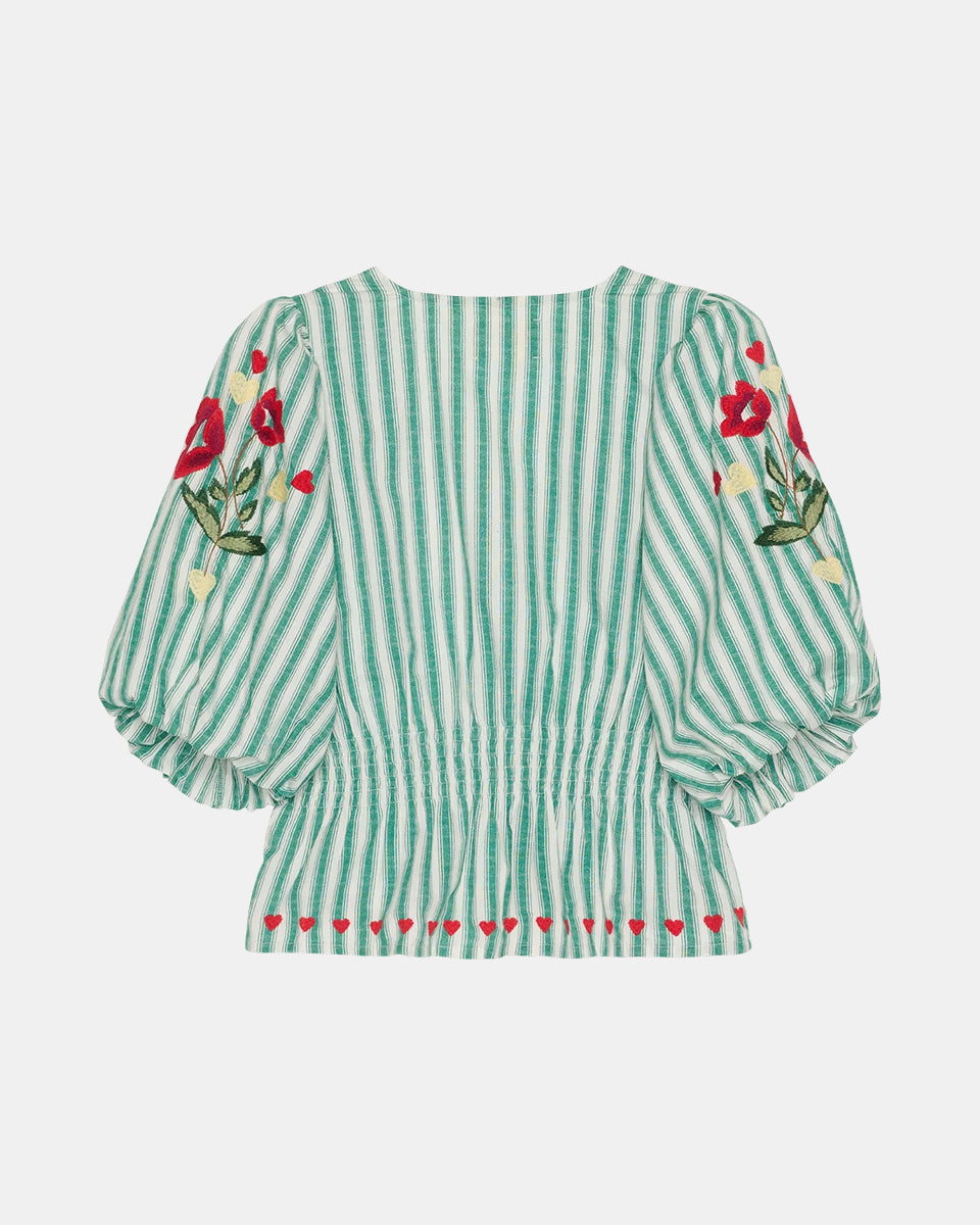Kobieca bluzka koszulowa Lotta Green Stripes SISSEL EDELBO z dopasowaną talią i marszczeniem z tyłu. Ma głęboki dekolt w serek i zapięcie z przodu na guziki z masy perłowej. Rękawy mają długość 3/4 i zakończone są gumką. Ozdobiona jest delikatnym haftem kwiatowym i serduszkami. Wykonana z organicznej bawełny popelinowej w paski.&nbsp;

-Dopasowana talia

-100% bawełna organiczna

-Zamów bluzkę w swoim standardowym rozmiarze&nbsp;