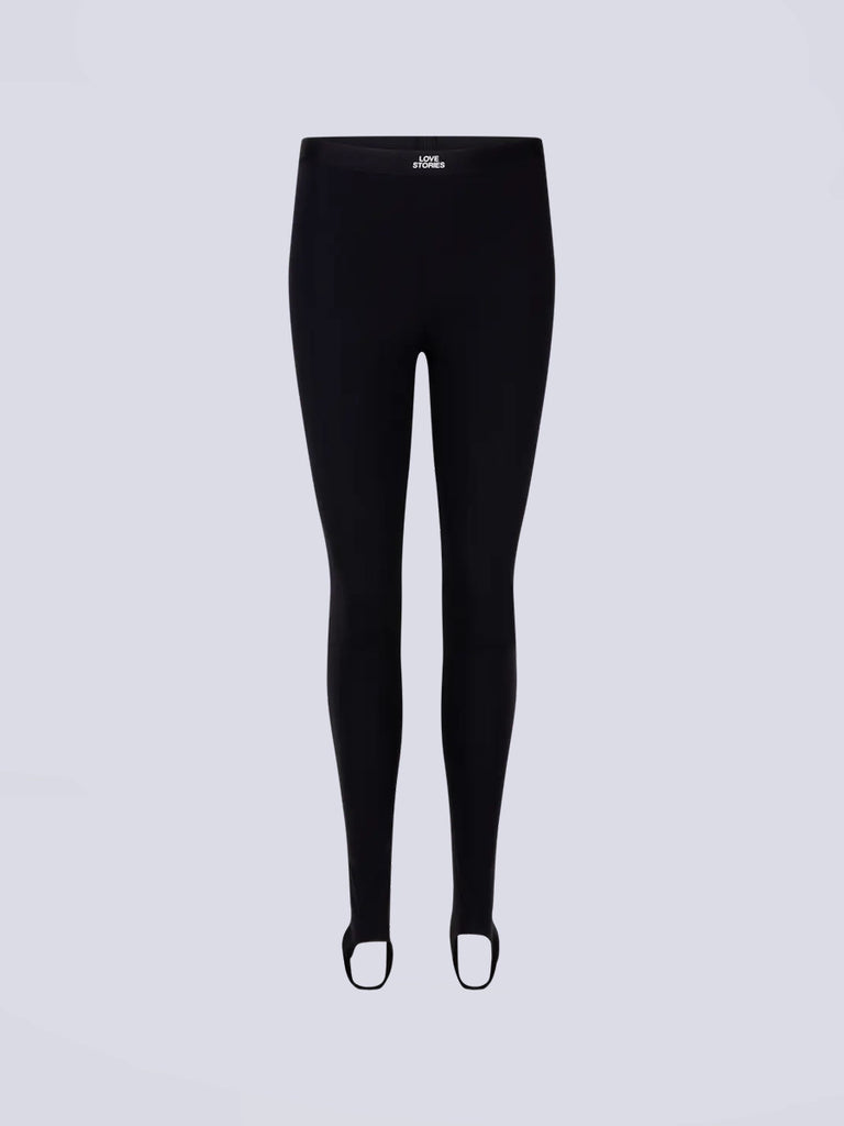 Czarne legginsy z wysokim stanem John Love Stories. Zakładane za pięty. Na gumie w pasie posiadają niewielkie, kontrastowe logo marki