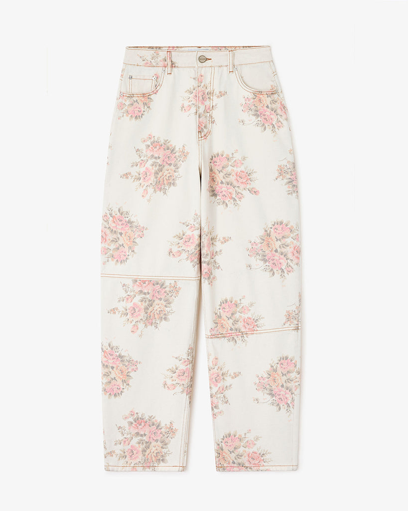 Luźne, bawełniane jeansy 1886 GANNI Print Denim ze średnim stanem i kwiatowym nadrukiem. Mają zapięcie na zamek błyskawiczny i guzik, pięć kieszeni, szlufki na pasek oraz naszywkę z logo marki. Wykonane w 100% z bawełny organicznej.&nbsp;