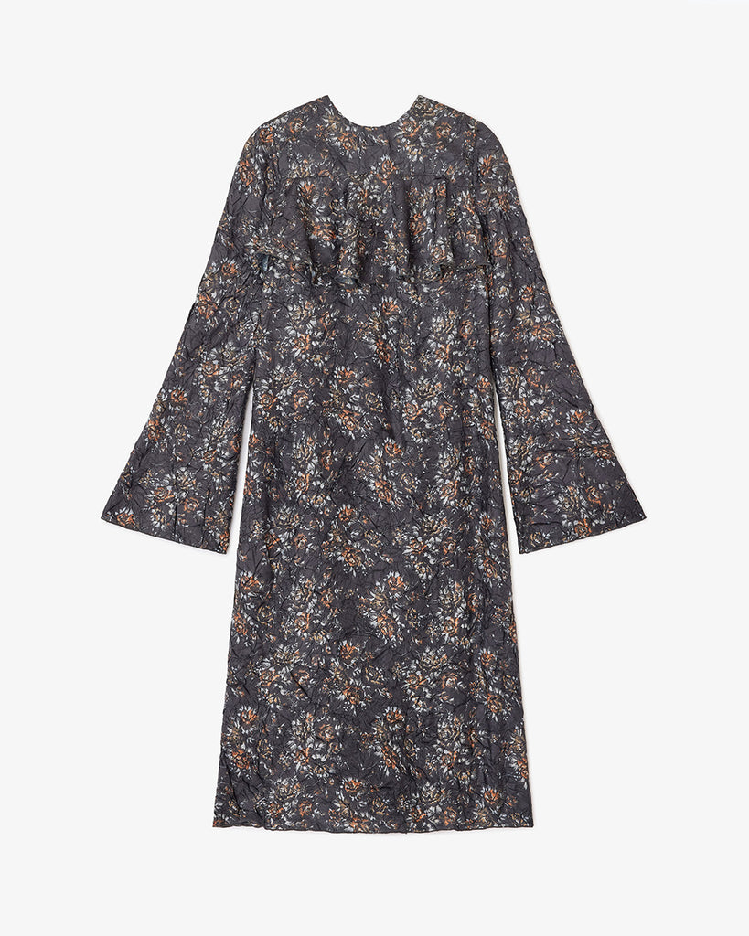 Prosta, midi sukienka 0982 GANNI Shibori Black z okrągłym dekoltem i długimi rękawami. Posiada falbankę na dekolcie i romantyczny, kwiatowy wzór. Wykończona jest plisowanym materiałem shibori. Ma długość za kolano. Idealna na codzień.