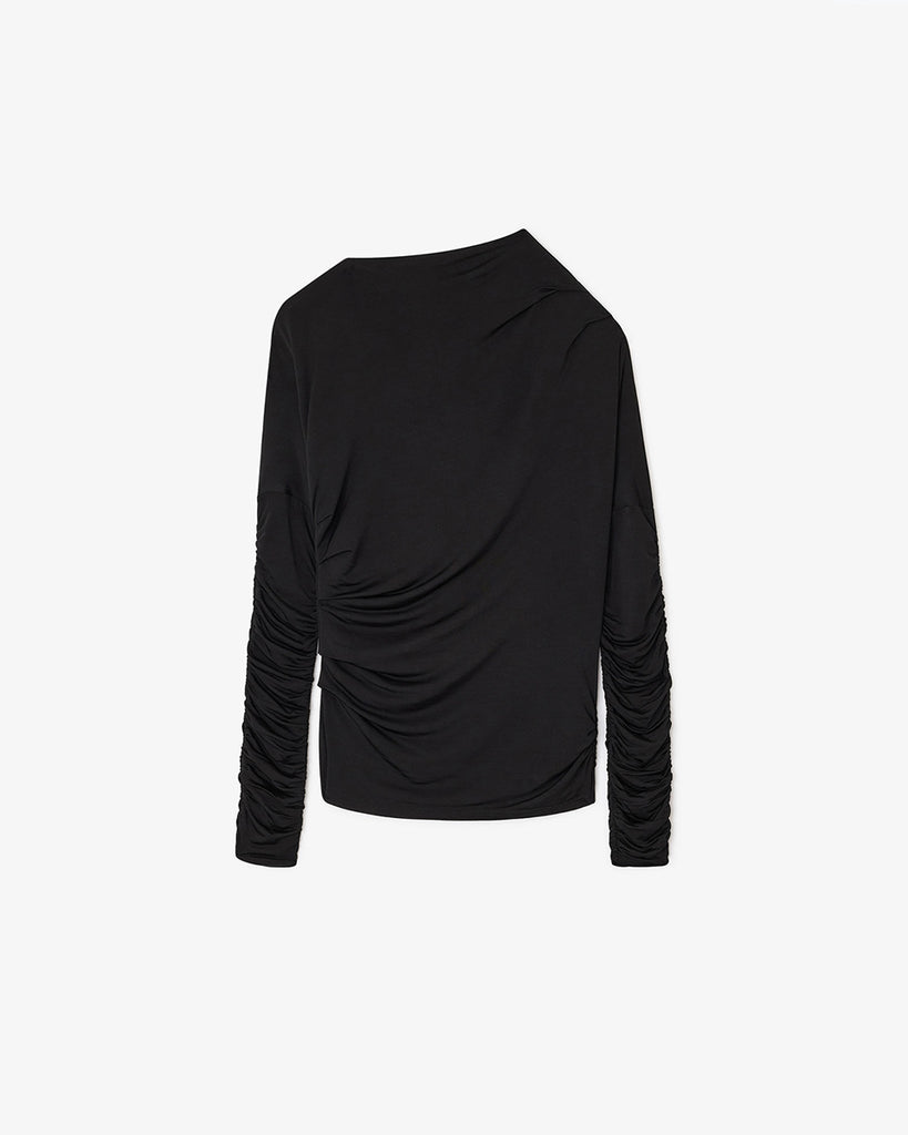 Czarny, taliowany top 4393 Shiny Jersey Black marki GANNI z asymetrycznym dekoltem i marszczeniami przy rękawach oraz na całej długości. Zestaw go z elegancką spódnicą lub jeansami, aby uzyskać bardziej codzienny look.
